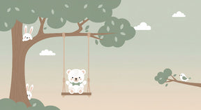 Detailed bear forest mural wallpaper design pattern showing cute woodland animals by Kids-Mundo
