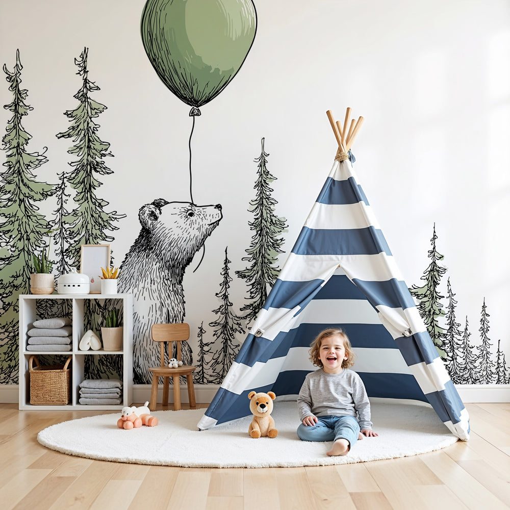 Bear forest mural wallpaper in modern baby nursery with wooden crib by Kids-Mundo