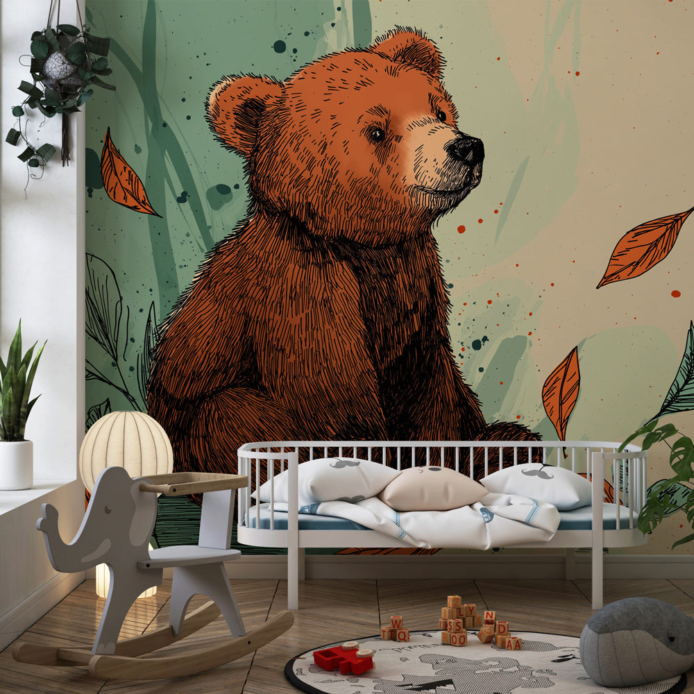 Woodland bear mural wallpaper transforming toddler room into magical forest retreat