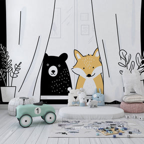 Woodland animal wallpaper creating cozy kids bedroom atmosphere with natural wood furniture