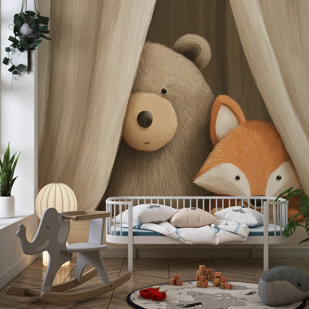 Curious bear and fox wallpaper in modern children's bedroom with natural decor elements