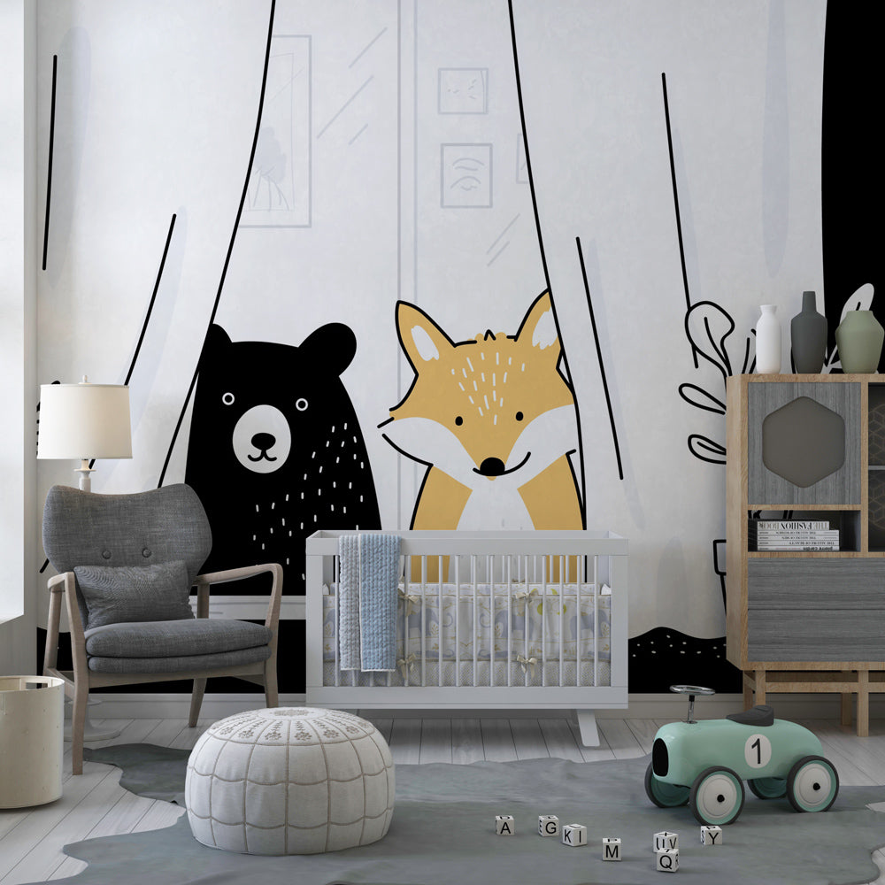 Curious bear and fox window scene mural wallpaper in bright children's playroom by Kids-Mundo
