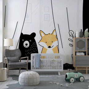 Curious bear and fox window scene mural wallpaper in bright children's playroom by Kids-Mundo