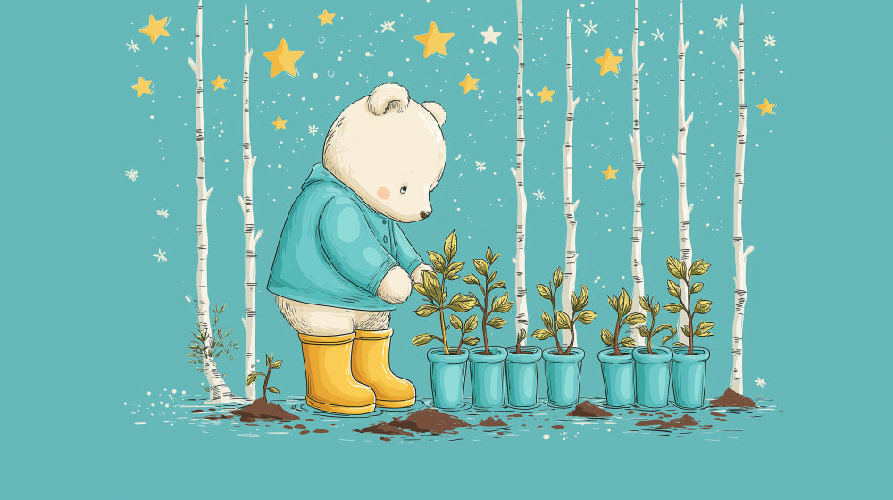 Detailed bear garden mural wallpaper design pattern with stars and plants by Kids-Mundo