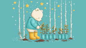 Detailed bear garden mural wallpaper design pattern with stars and plants by Kids-Mundo