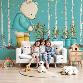 Bear garden mural wallpaper creating magical nursery decor with starry night theme by Kids-Mundo