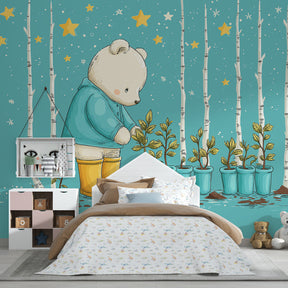 Whimsical bear gardening wallpaper for toddler bedroom creating peaceful sleep environment