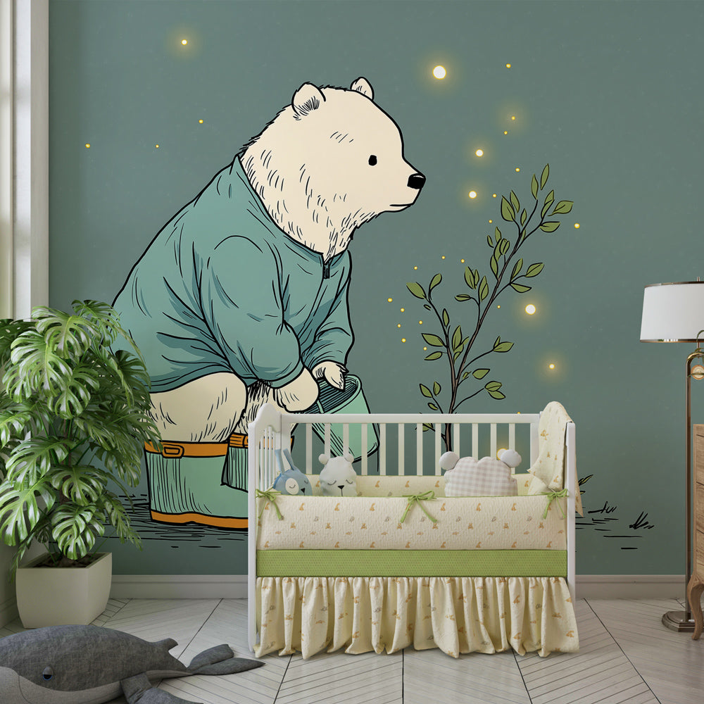 Nature themed bear wallpaper transforming children's bedroom into forest sanctuary