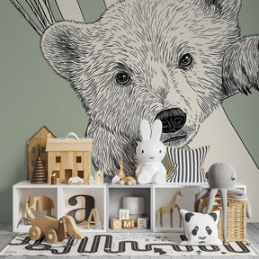 Bear hammock wallpaper creating peaceful children's bedroom atmosphere with green nature theme