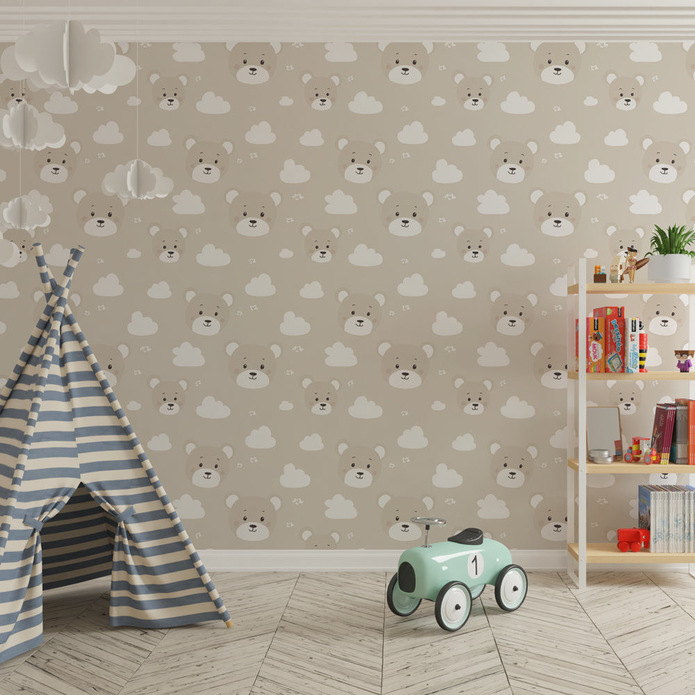 Animal themed mural wallpaper featuring bear heads in modern kids playroom by Kids-Mundo