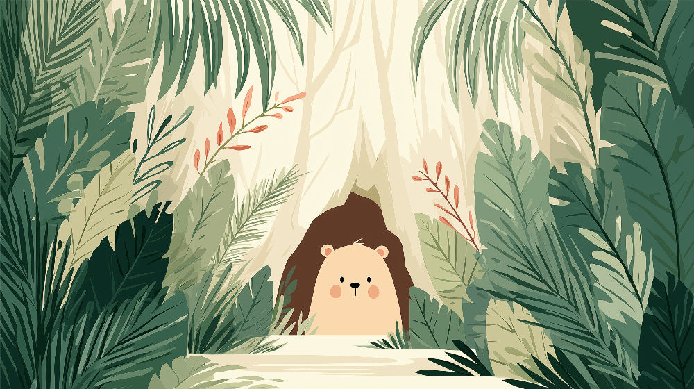 Detailed curious bear jungle mural wallpaper design pattern with tropical foliage by Kids-Mundo