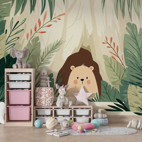 Adventure jungle bear mural wallpaper transforming toddler bedroom into magical forest space
