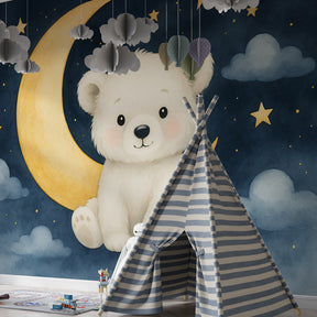 Starry night bear wallpaper transforming baby bedroom with celestial theme by Kids-Mundo