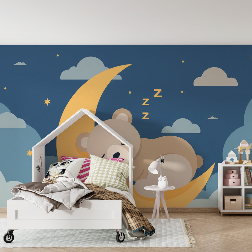 Sleeping bear on crescent moon wallpaper in cozy baby bedroom with soft blue and beige tones