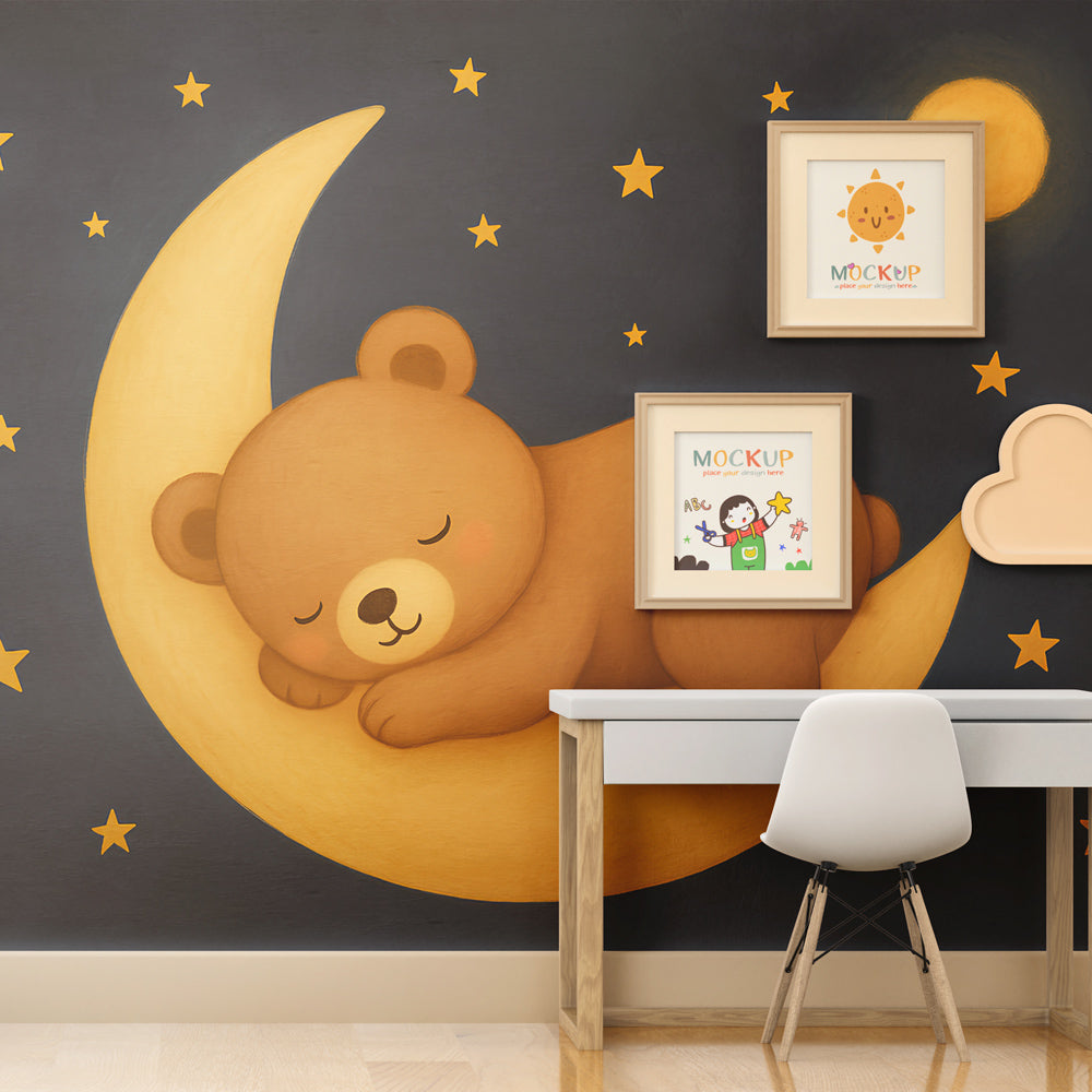 Night sky bear wallpaper creating dreamy children's bedroom atmosphere with golden stars