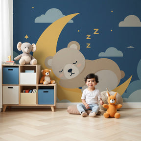 Bear moon mural wallpaper creating peaceful nursery atmosphere with sleeping teddy design by Kids-Mundo