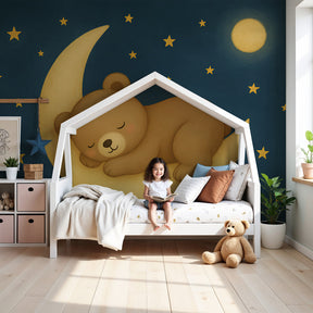 Bear moon mural wallpaper in cozy nursery with sleeping bear design by Kids-Mundo