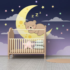 Sleepy bear moon mural wallpaper transforming toddler room into magical dreamland