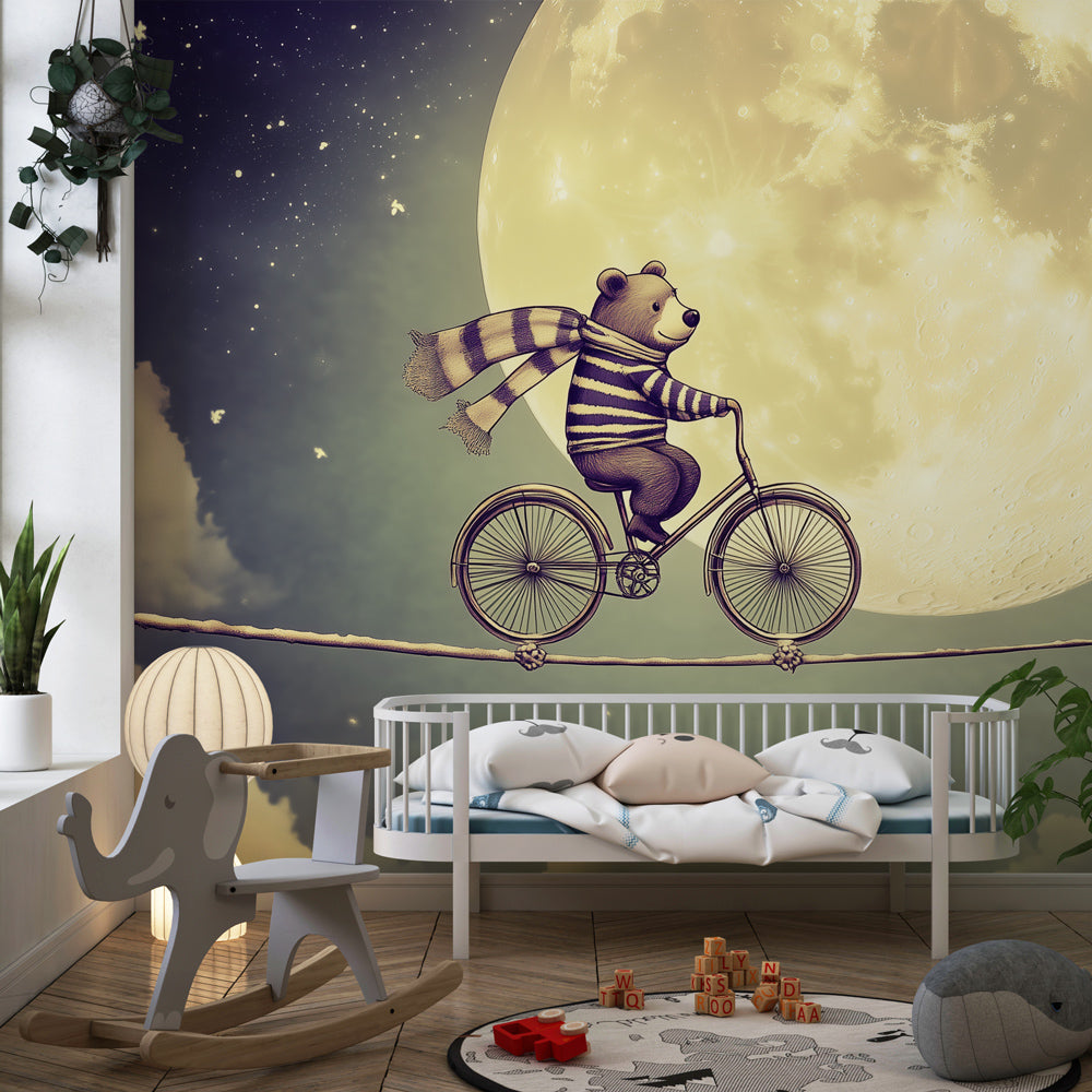 Kids-Mundo bear on a tightrope wall mural brightening a cosy, imaginative children's playroom