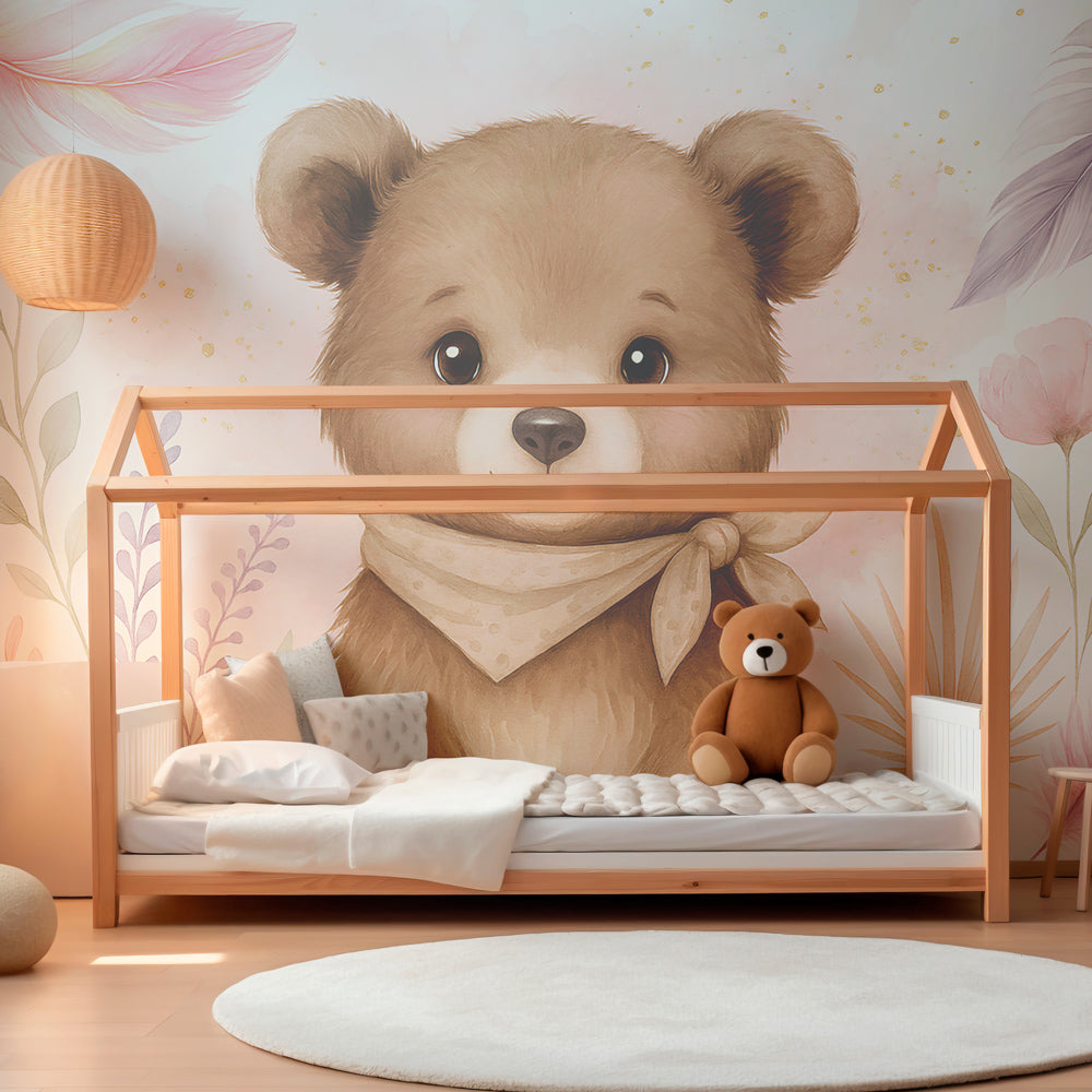 Bear and flowers wallpaper creating cozy baby room atmosphere with pastel decor