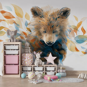 Peaceful bear wallpaper creating serene children's bedroom atmosphere with natural decor
