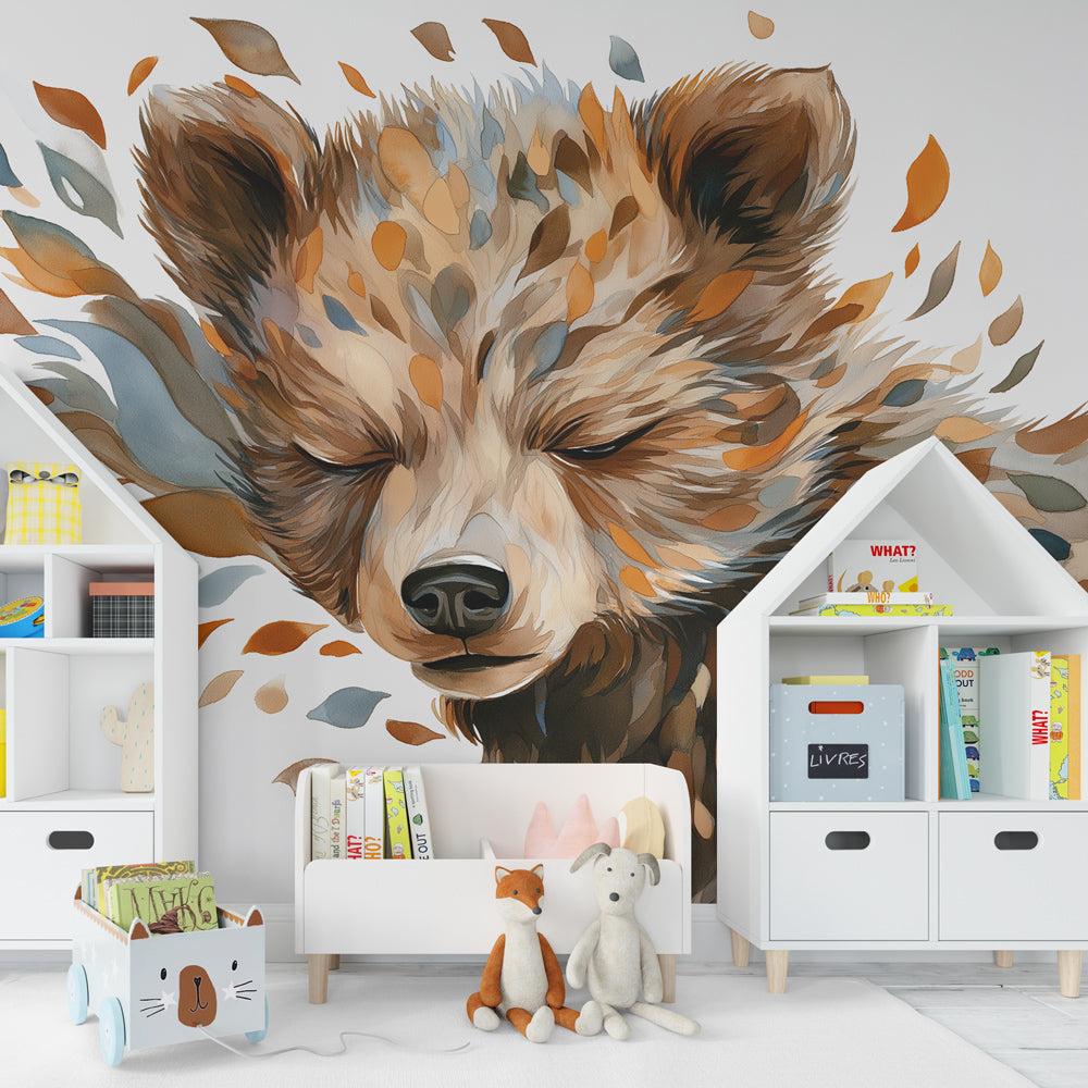 Colorful bear forest wallpaper creating magical kids bedroom atmosphere with natural decor