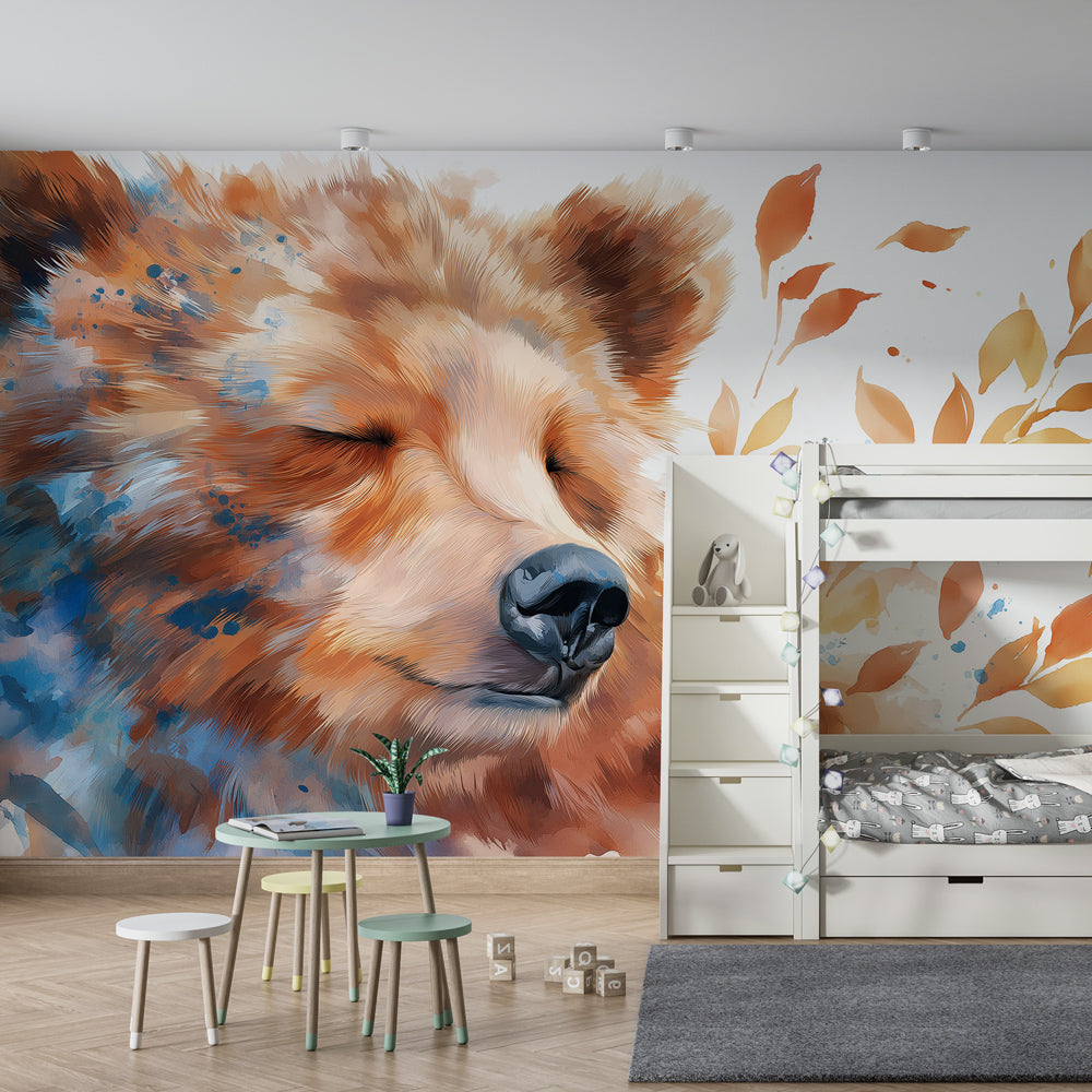 Brown bear wallpaper creating cozy children's bedroom atmosphere with soft lighting and decor