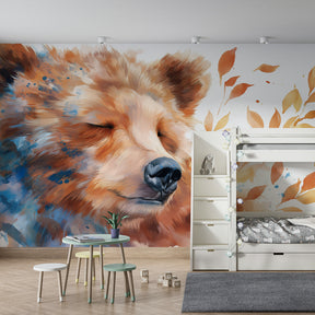 Brown bear wallpaper creating cozy children's bedroom atmosphere with soft lighting and decor
