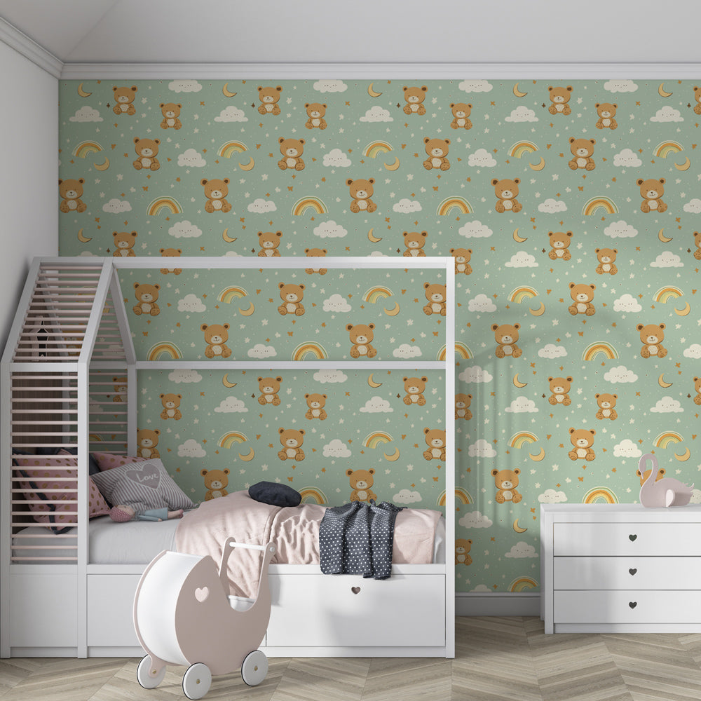 Joyful bear mural wallpaper in children's bedroom with green and blue cloud motifs