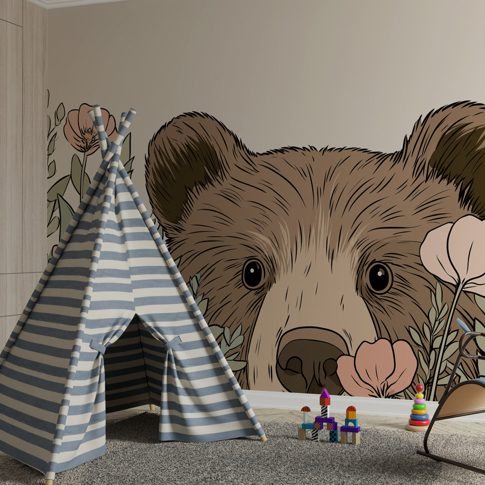 Adorable bear among flowers mural wallpaper in modern kids bedroom with soft lighting