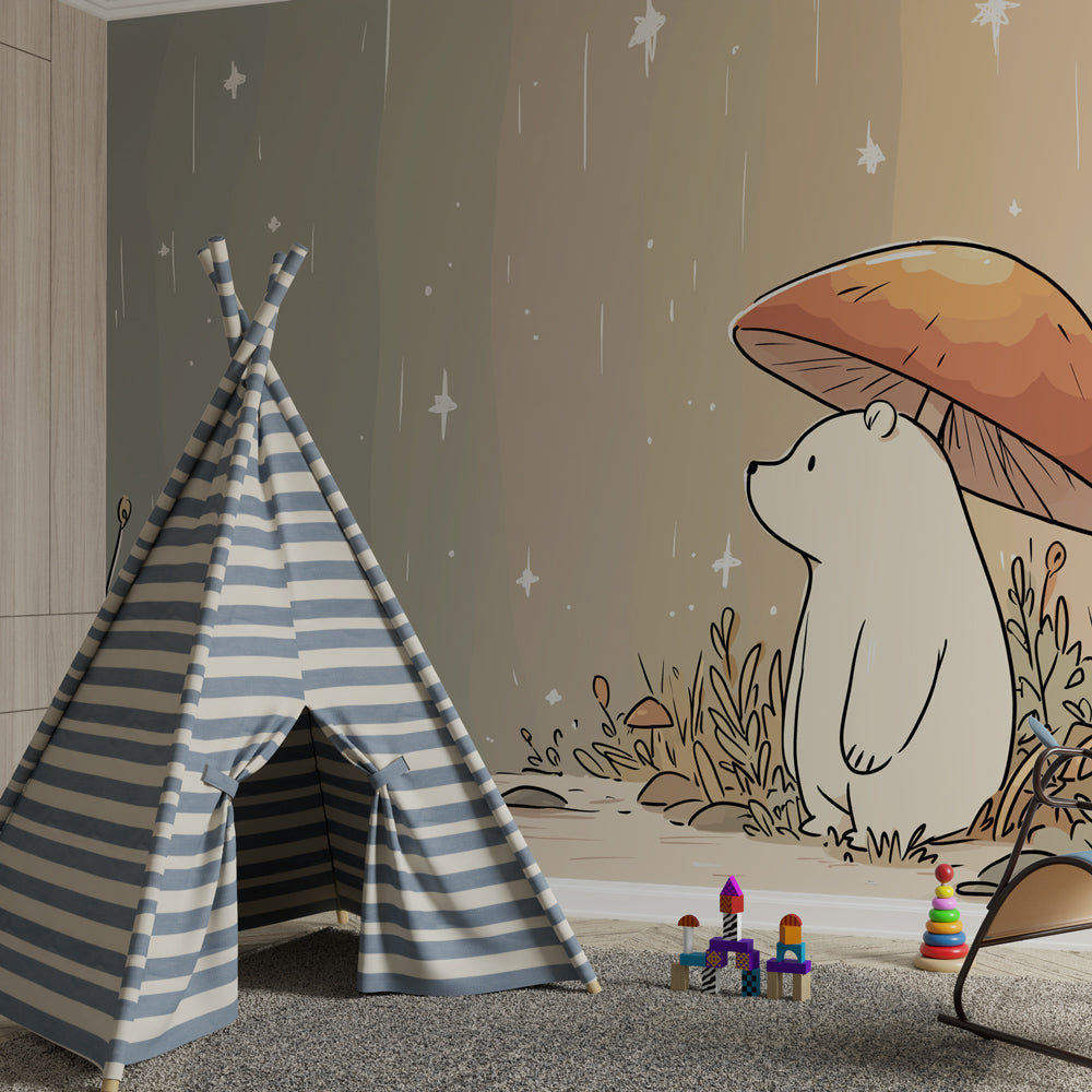 Magical bear and mushroom mural wallpaper in peaceful toddler bedroom setting