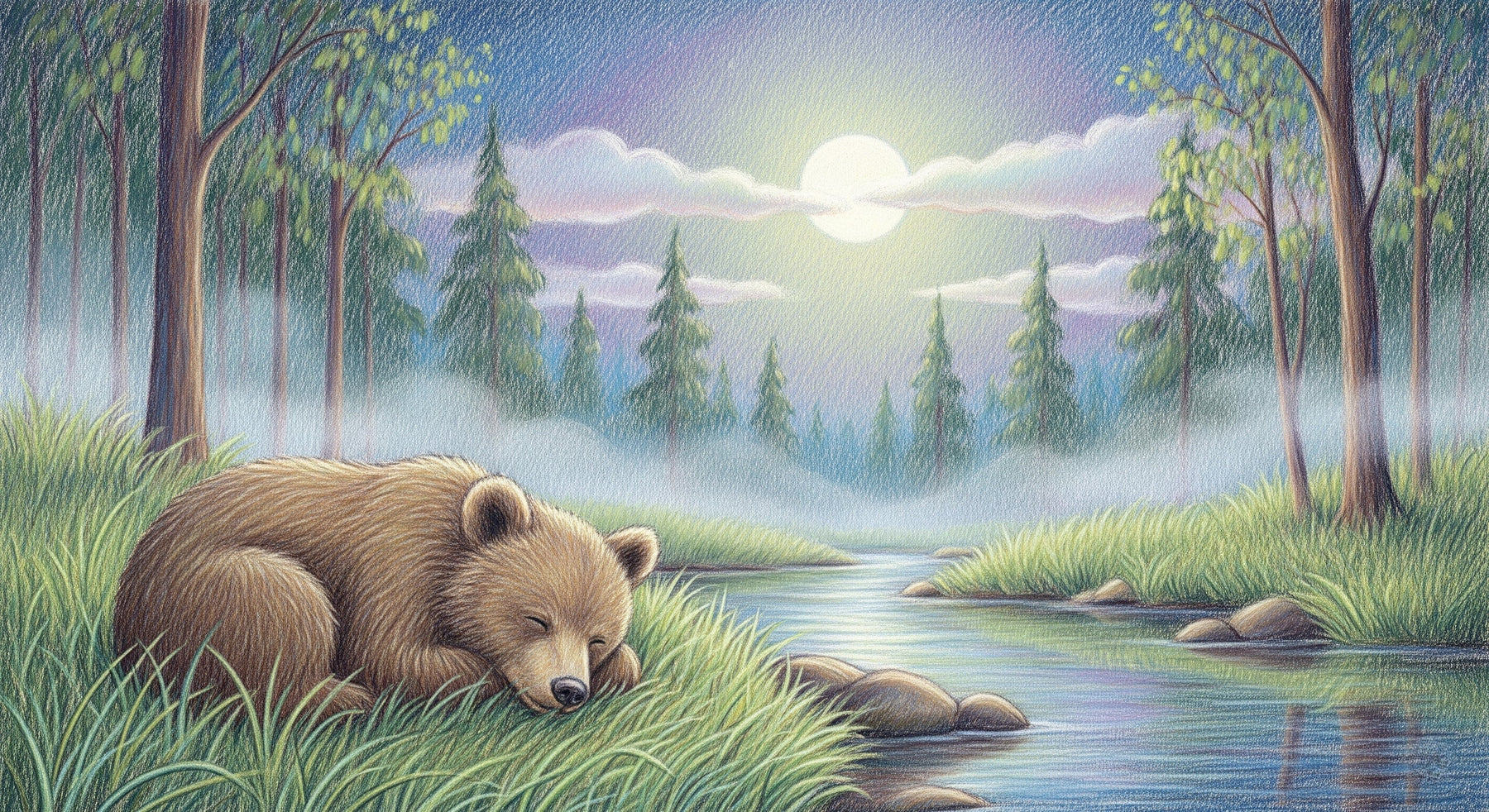 Detailed sleeping bear by moonlit river mural wallpaper design pattern by Kids-Mundo