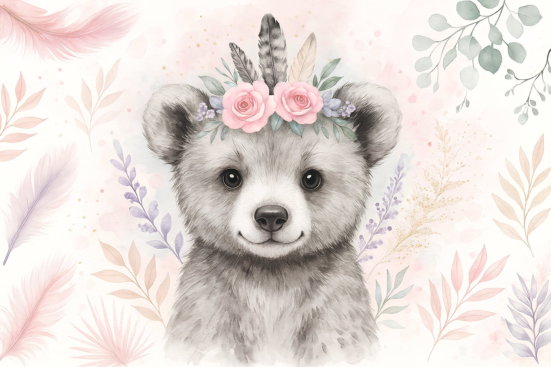 Detailed bear with floral crown mural wallpaper design pattern by Kids-Mundo