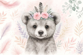 Detailed bear with floral crown mural wallpaper design pattern by Kids-Mundo