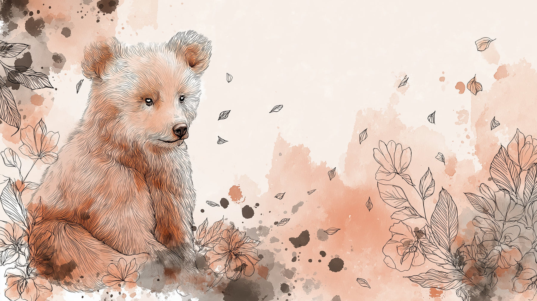 Detailed bear and flowers mural wallpaper design pattern with soft peach tones by Kids-Mundo