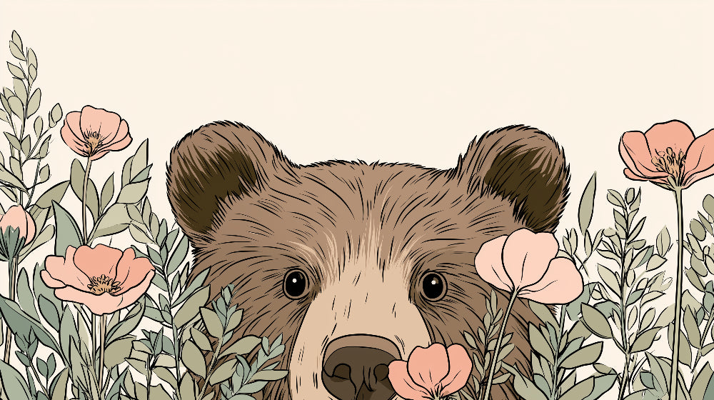 Detailed bear and floral mural wallpaper design pattern with pastel colors by Kids-Mundo