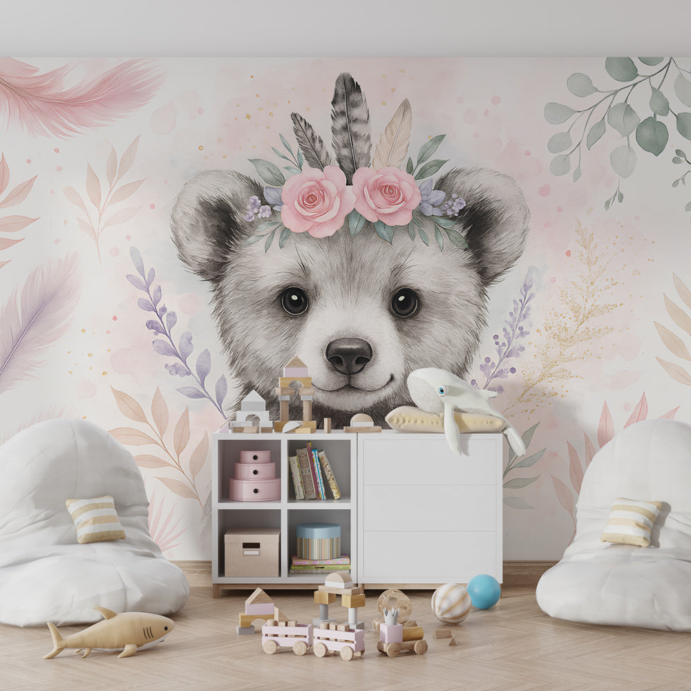 Watercolor bear wallpaper transforming children's bedroom with soft pastel colors