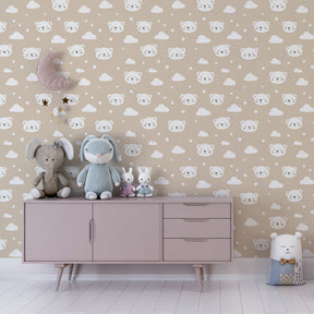 Animal-themed bear mural wallpaper with white clouds for charming kids room decor