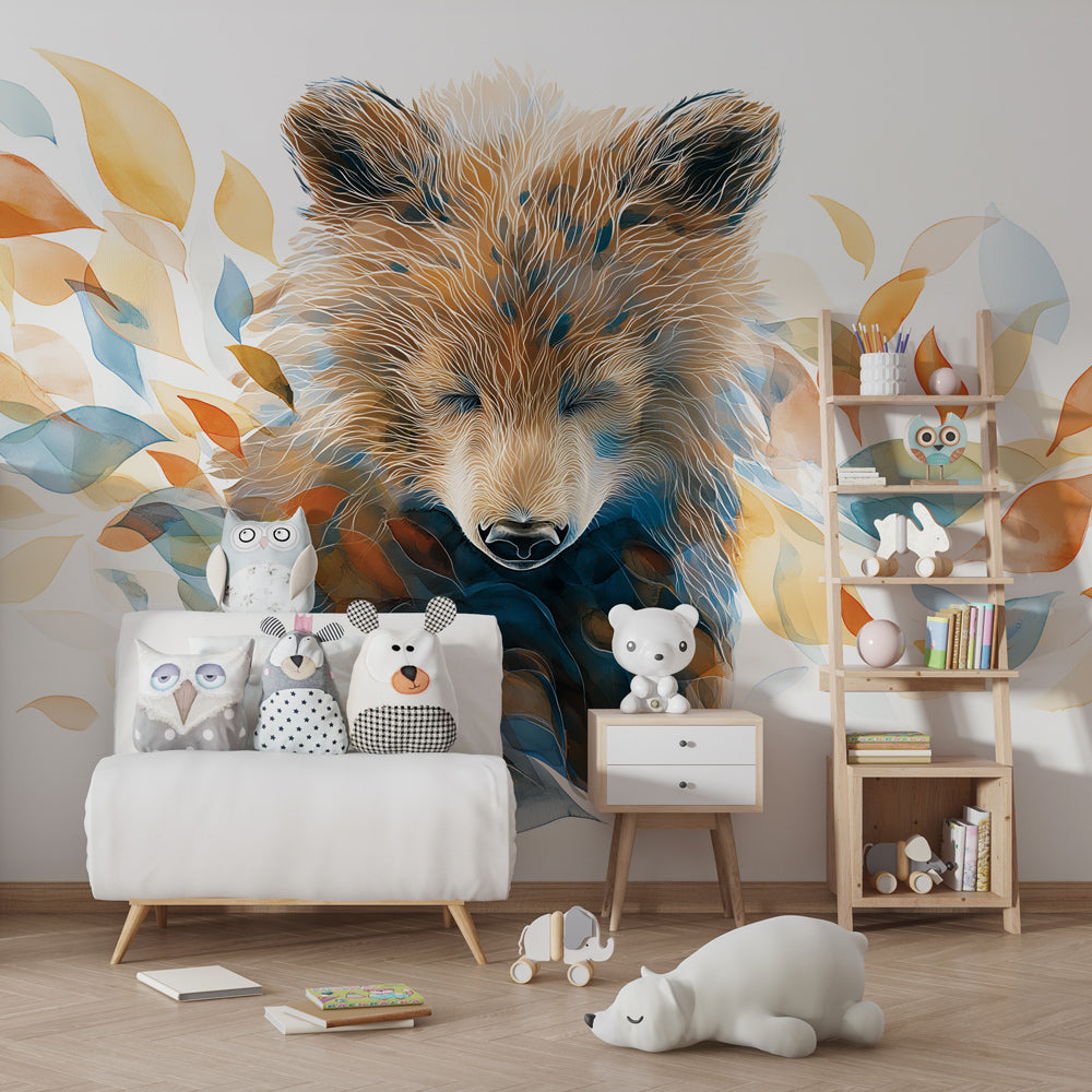 Colorful bear and leaves mural wallpaper transforming modern kids room by Kids-Mundo