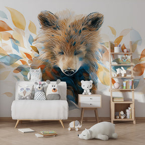 Colorful bear and leaves mural wallpaper transforming modern kids room by Kids-Mundo