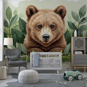 Joyful bear cub mural wallpaper with green foliage in toddler room setting