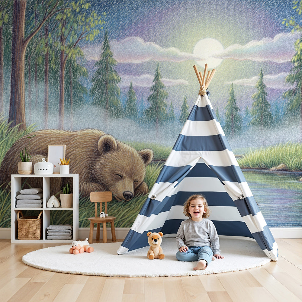 Sleeping bear mural wallpaper creating peaceful woodland nursery atmosphere by Kids-Mundo