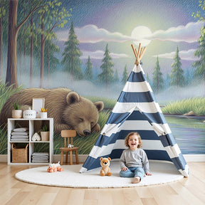 Sleeping bear mural wallpaper creating peaceful woodland nursery atmosphere by Kids-Mundo