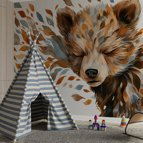 Whimsical bear and leaves mural wallpaper transforming children's playroom space