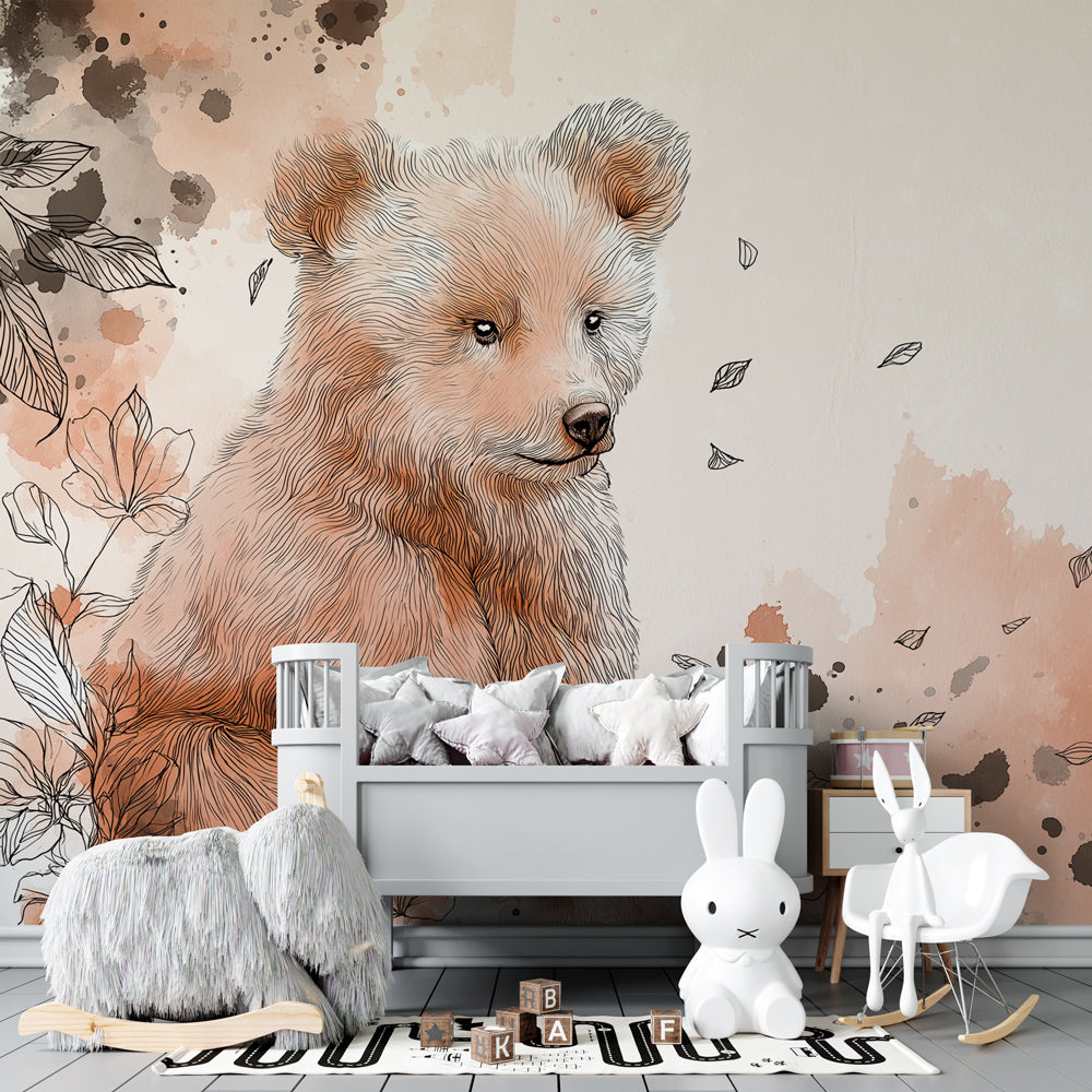 Floral bear mural wallpaper creating warm, nurturing environment in kids playroom