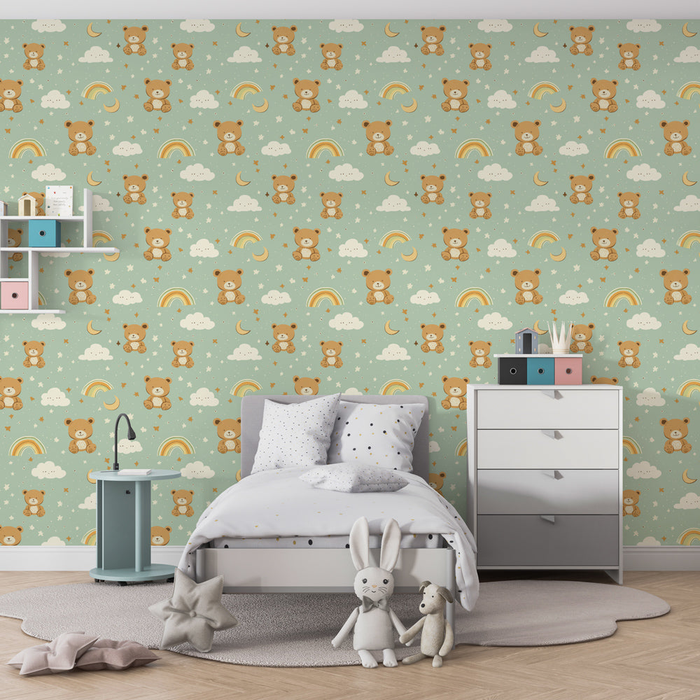 Whimsical bear cubs wallpaper transforming kids playroom with gentle animal theme
