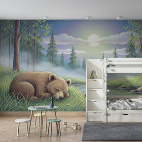 Woodland bear mural wallpaper creating calming playroom environment for kids by Kids-Mundo