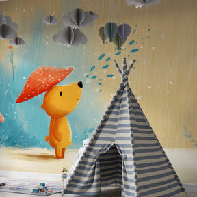 Enchanted forest bear mural wallpaper transforming kids playroom into fairy tale space