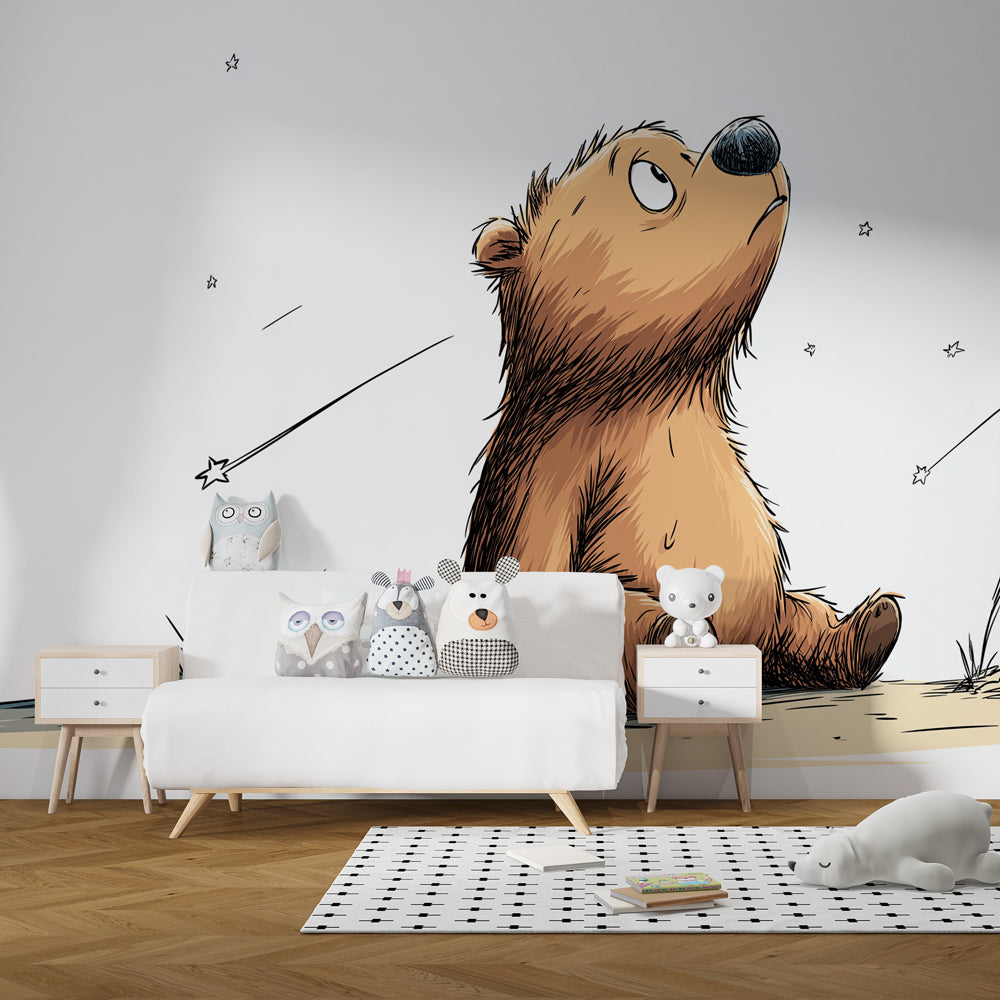 Bear stargazing mural wallpaper creating magical bedtime atmosphere in kids room
