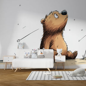 Bear stargazing mural wallpaper creating magical bedtime atmosphere in kids room